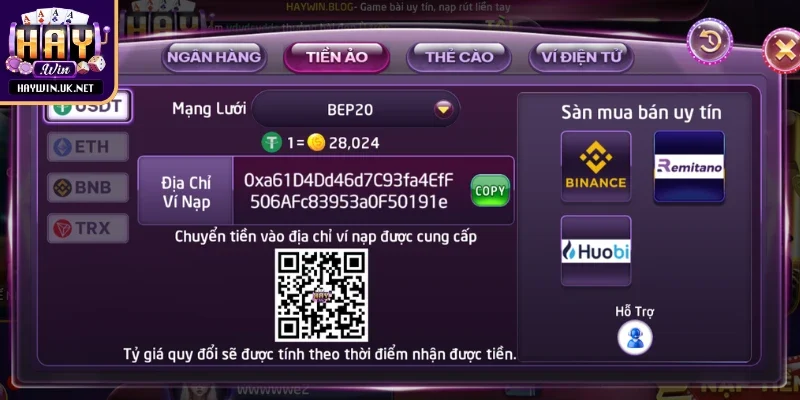 Nạp tiền Haywin thông qua phương thức tiền ảo